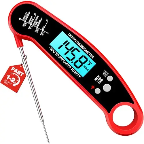 Meat Thermometer Digital – Instant Read Food Thermometer for Grilling, BBQ, Air Fryer, Smoker, Candy Making with Foldable Probe, Kitchen Gadgets, BBQ Essentials, Gift for Dad Men Husband Him, Red